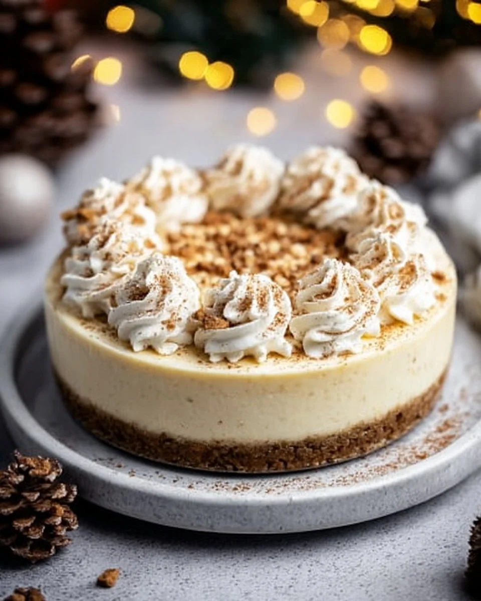 Deliciously creamy Eggnog Cheesecake topped with whipped cream and festive spices