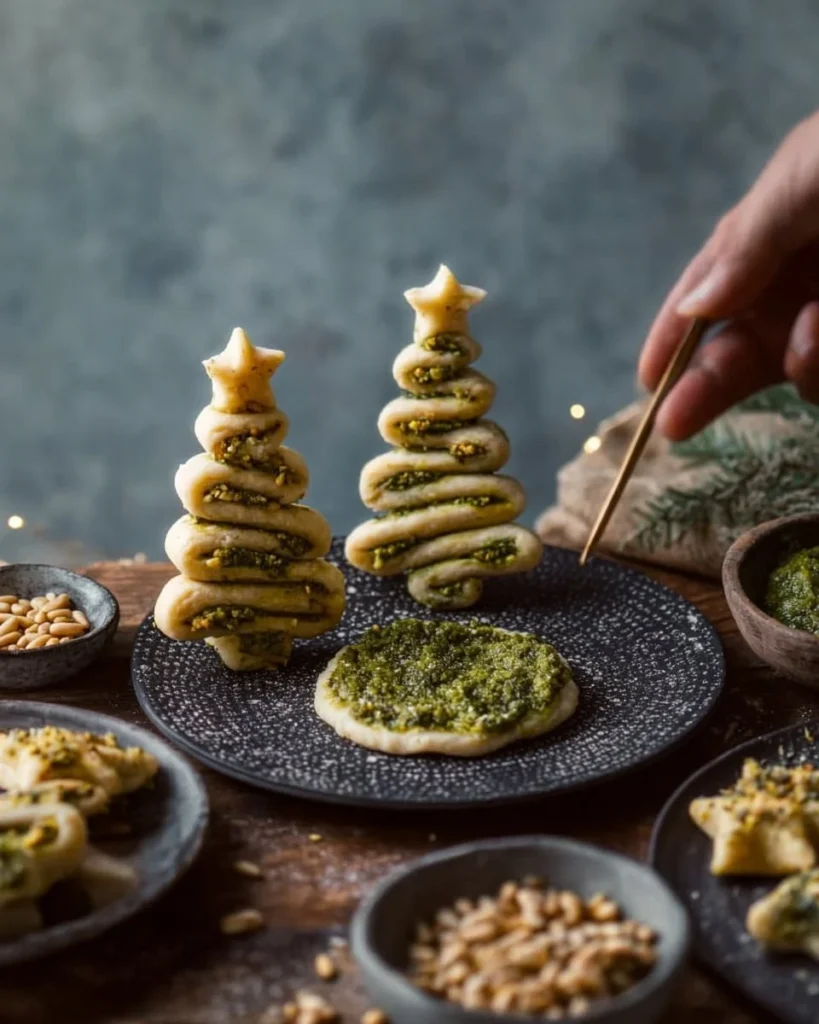 Festive pesto puff pastry Christmas trees ready for holiday celebrations