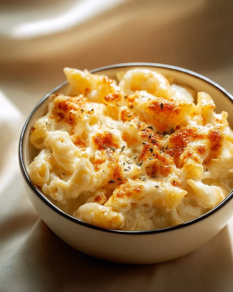Creamy high protein cottage cheese mac and cheese dish served in a bowl.