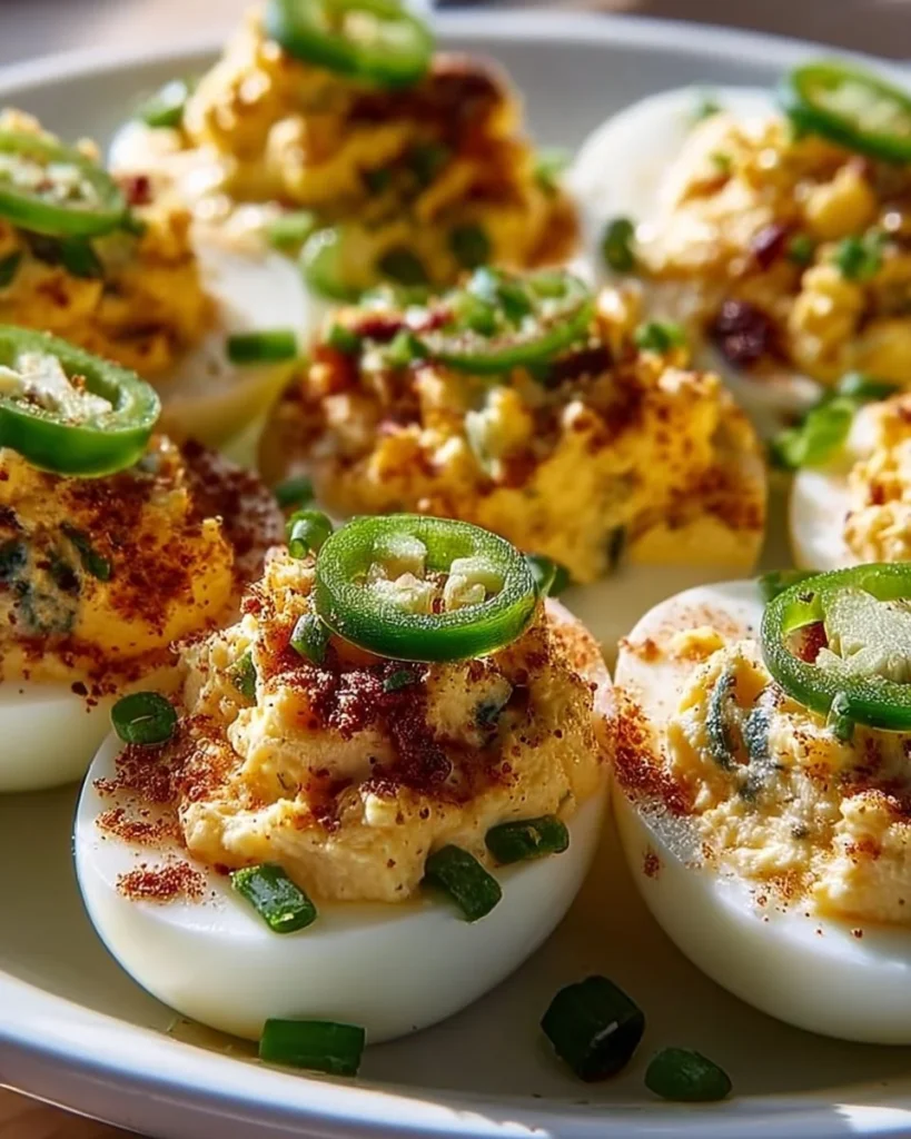 Jalapeño popper deviled eggs served on a platter
