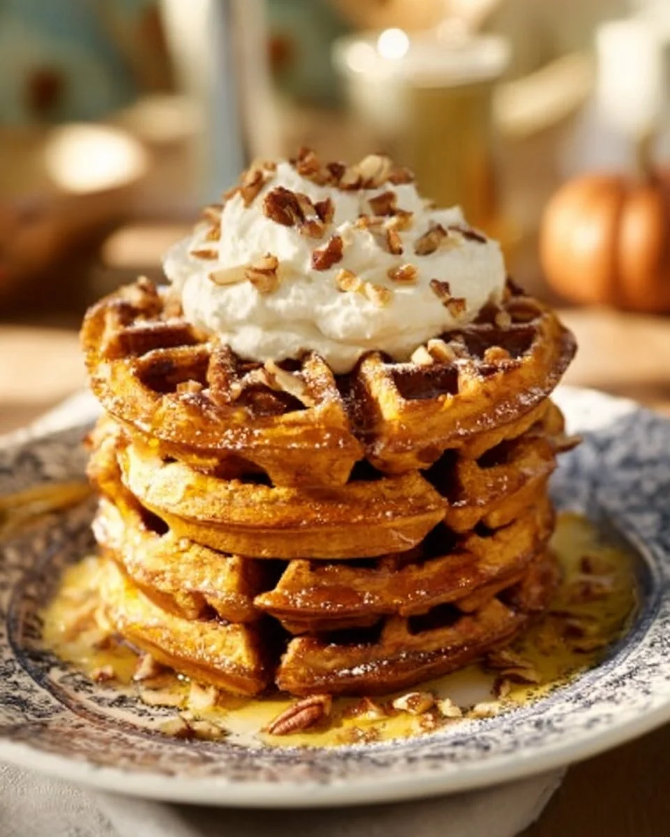 Delicious keto pumpkin waffles topped with cream and nuts