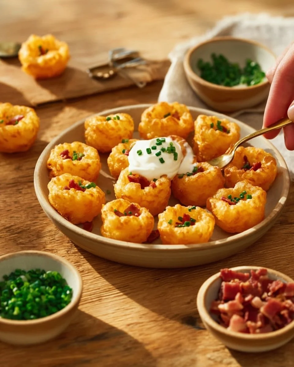 Plate of loaded tater tots with cheese and bacon toppings