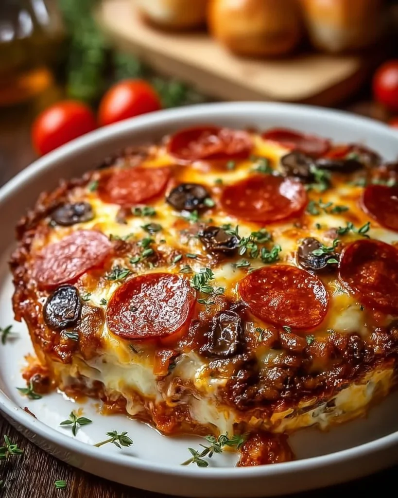 Low carb pizza casserole dish with fresh toppings and melted cheese