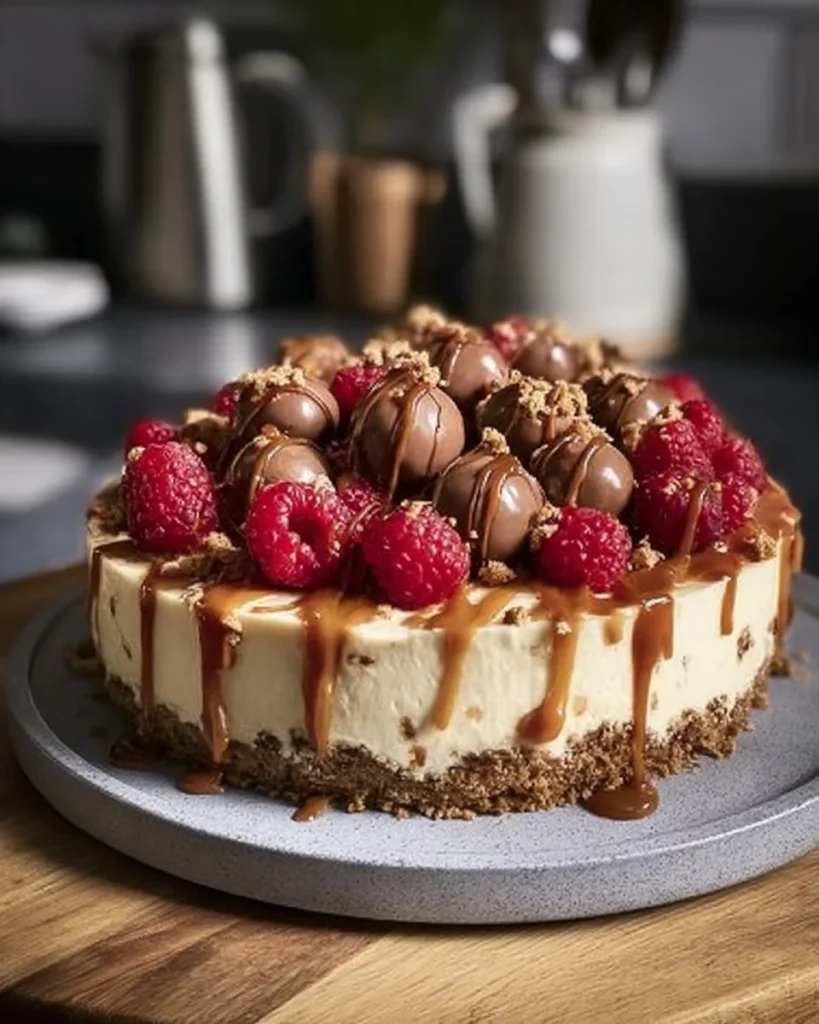 Delicious Maltesers Baileys Cheesecake topped with chocolate and caramel