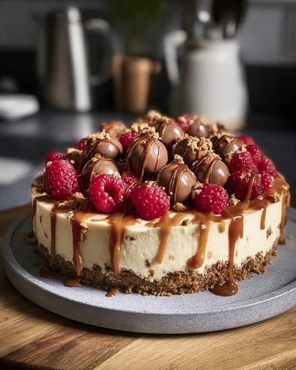 Delicious Maltesers Baileys Cheesecake topped with chocolate and caramel