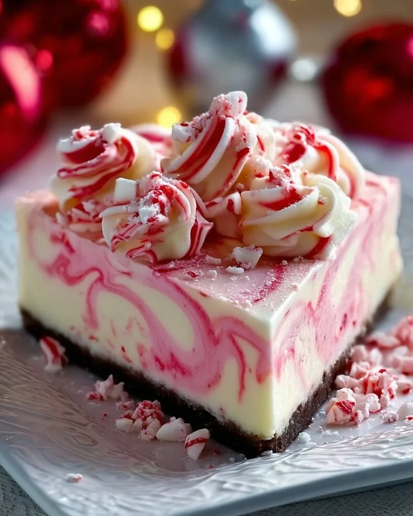 No-Bake Peppermint Cheesecake topped with crushed peppermint candies