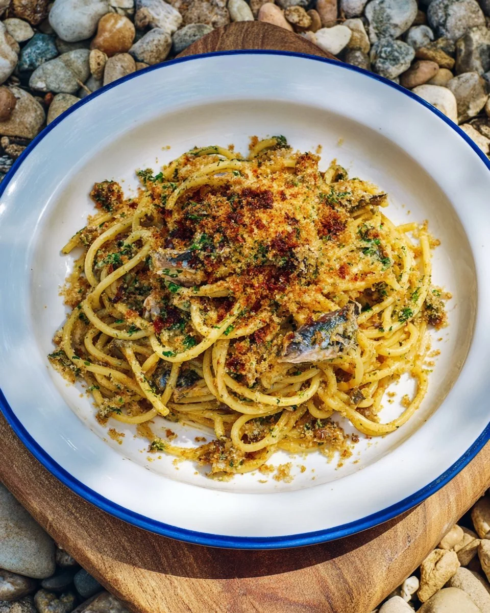 Delicious plate of pasta with sardines garnished with herbs and lemon