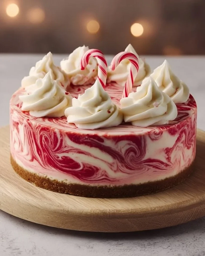 Delicious Peppermint Swirl Cheesecake topped with swirls of peppermint cream