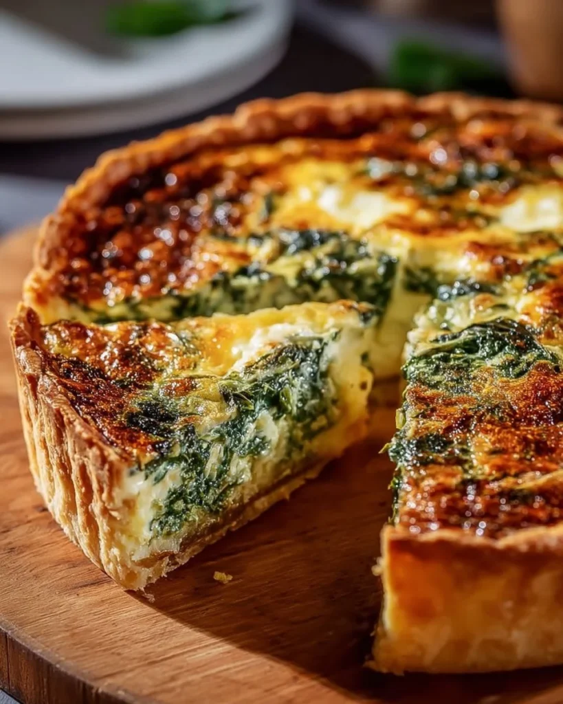 Delicious ricotta spinach quiche baked to perfection.