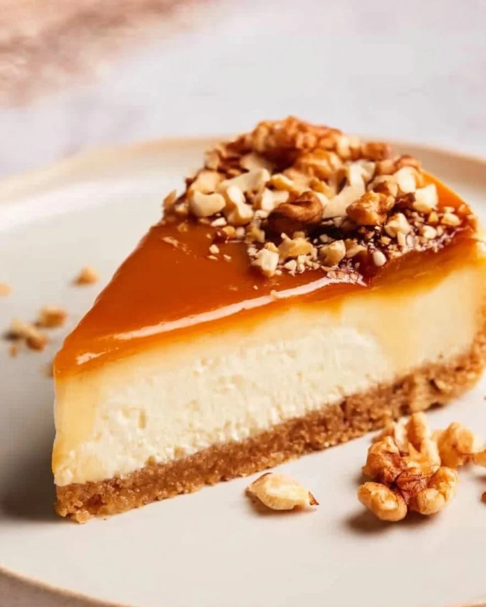 Delicious salted caramel cheesecake topped with drizzled caramel sauce.