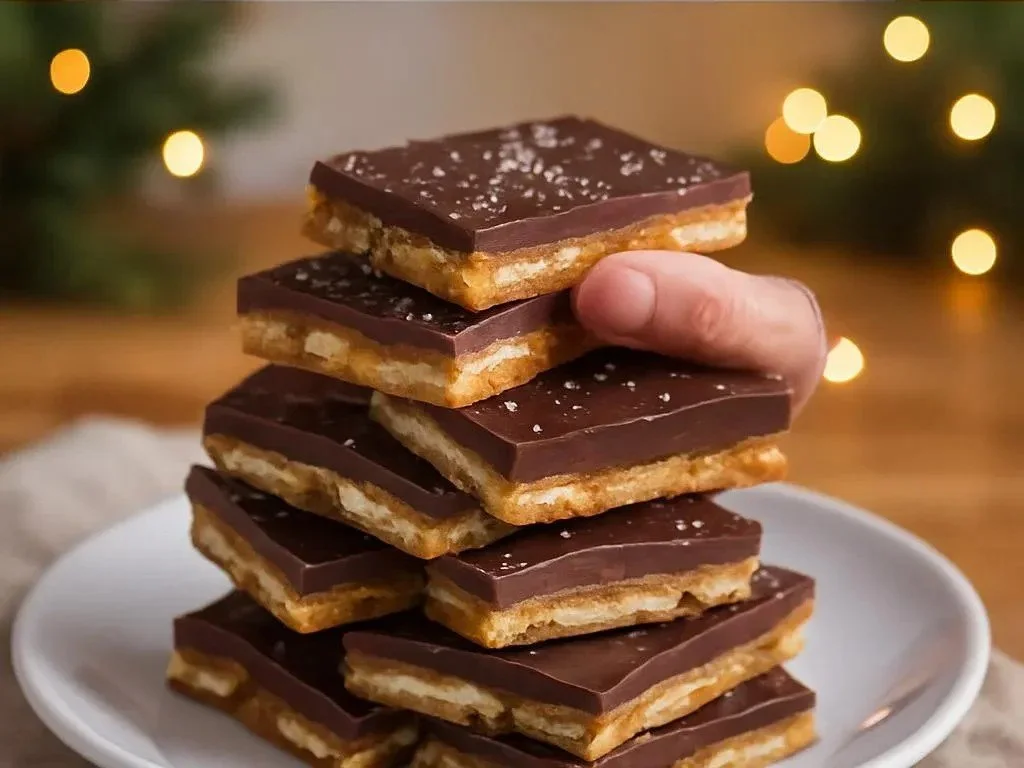 Delicious homemade saltine cracker candy on a serving plate