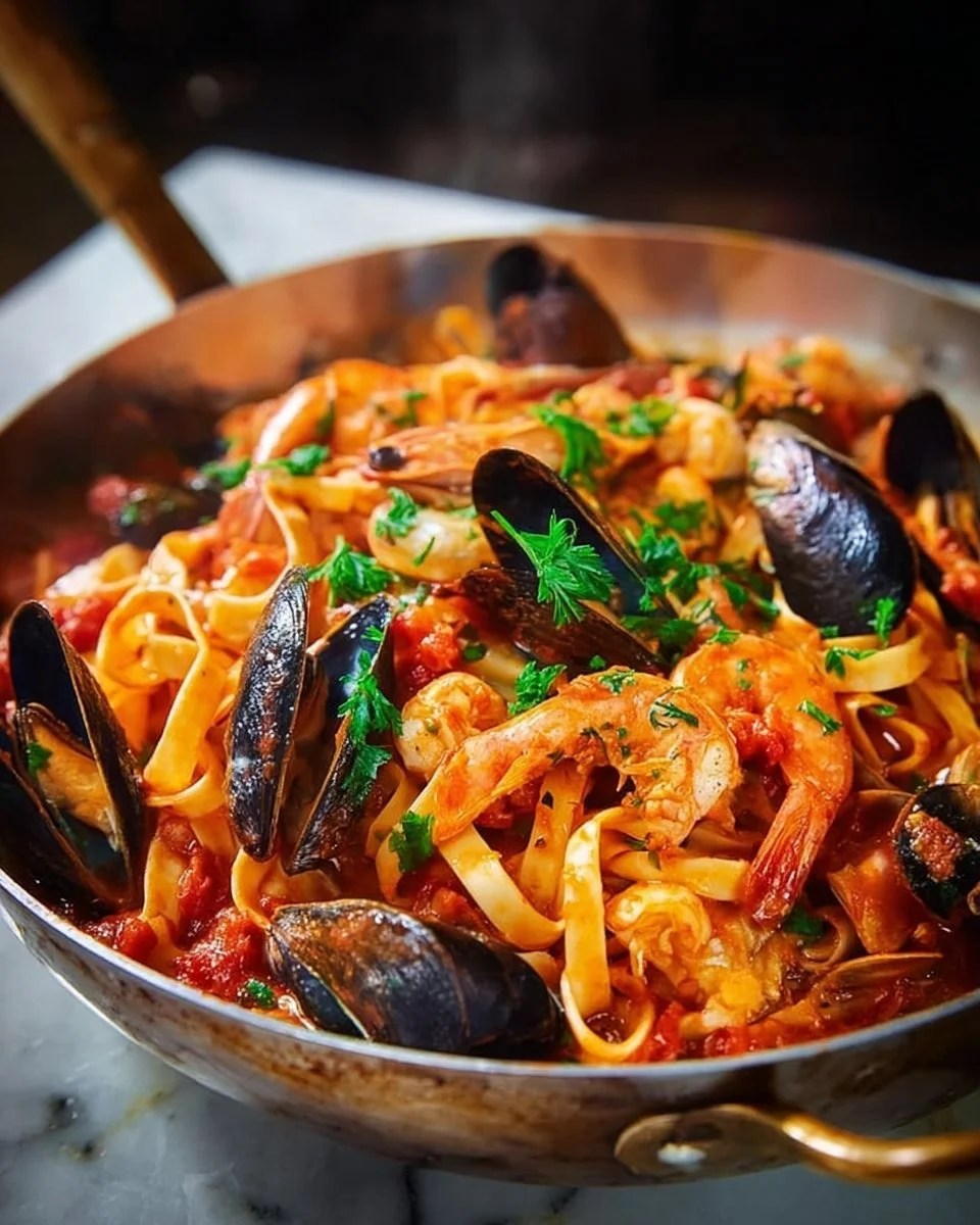 Delicious Seafood Marinara Pasta with fresh seafood and marinara sauce
