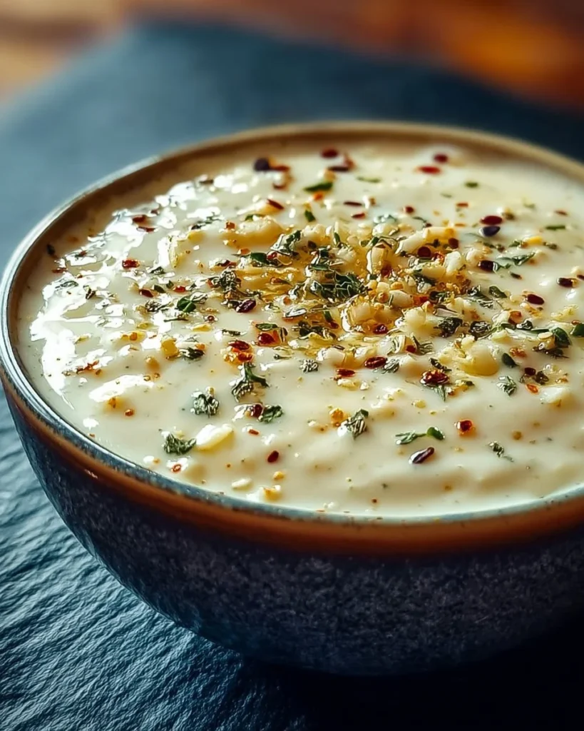 Homemade white garlic pizza sauce in a bowl with fresh herbs