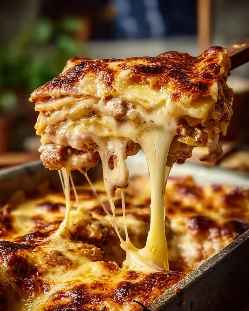 Delicious serving of White Lasagna with creamy sauce and cheese topping.