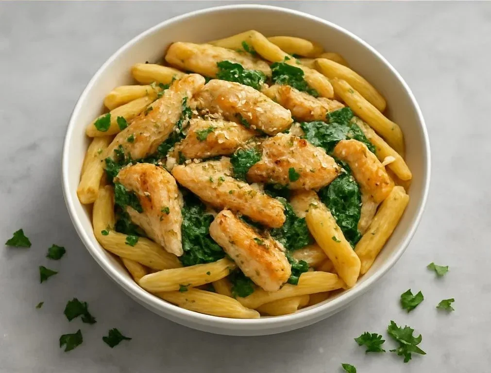 Healthy garlic parmesan chicken pasta dish with herbs and spices